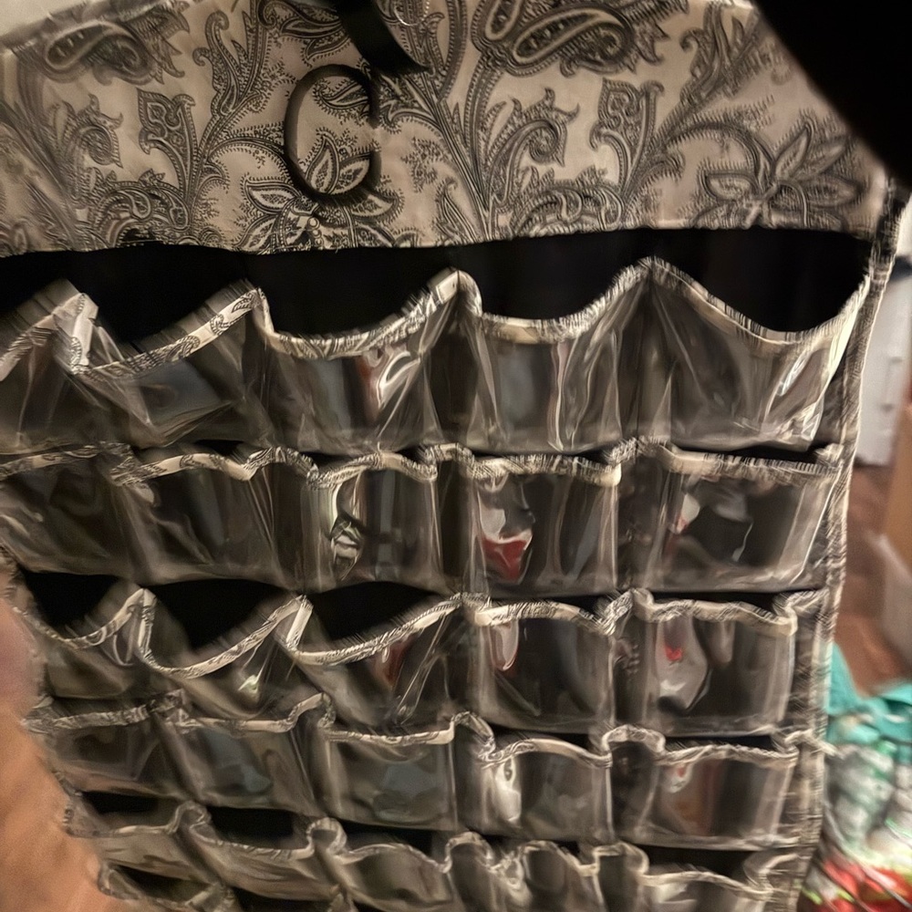 Hanging Organizer with Black and Gray Paisley Design